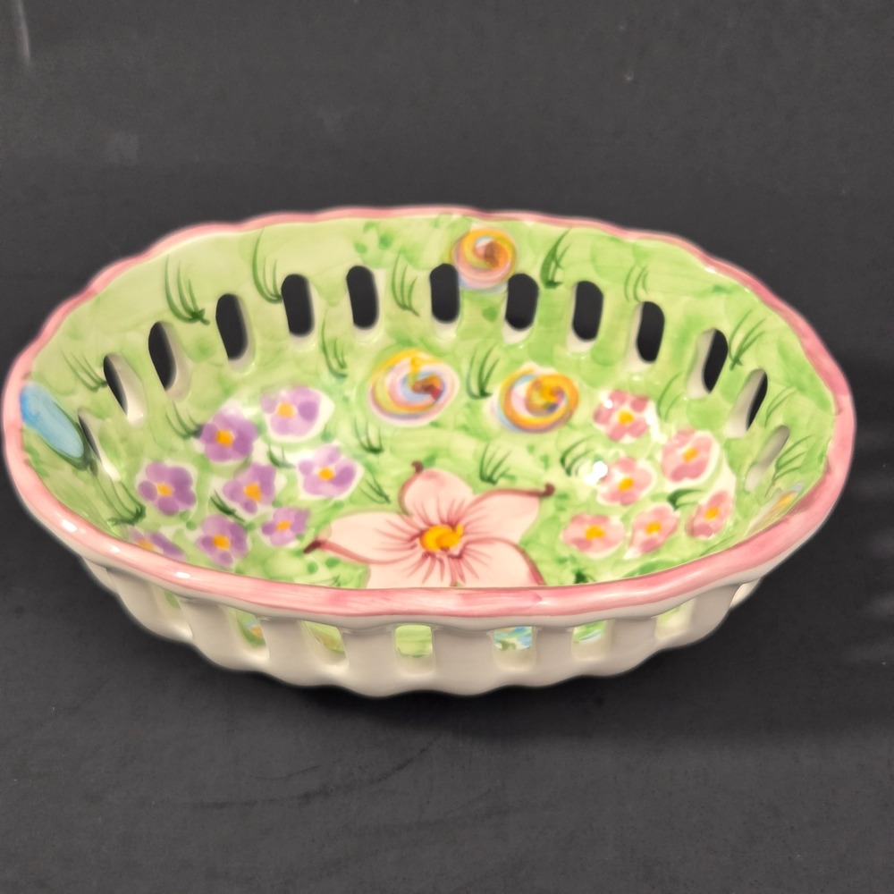 Vestal Hand Painted Alcobaca Portugal Ceramic Floral Reticulated Oval Bowl 9422
